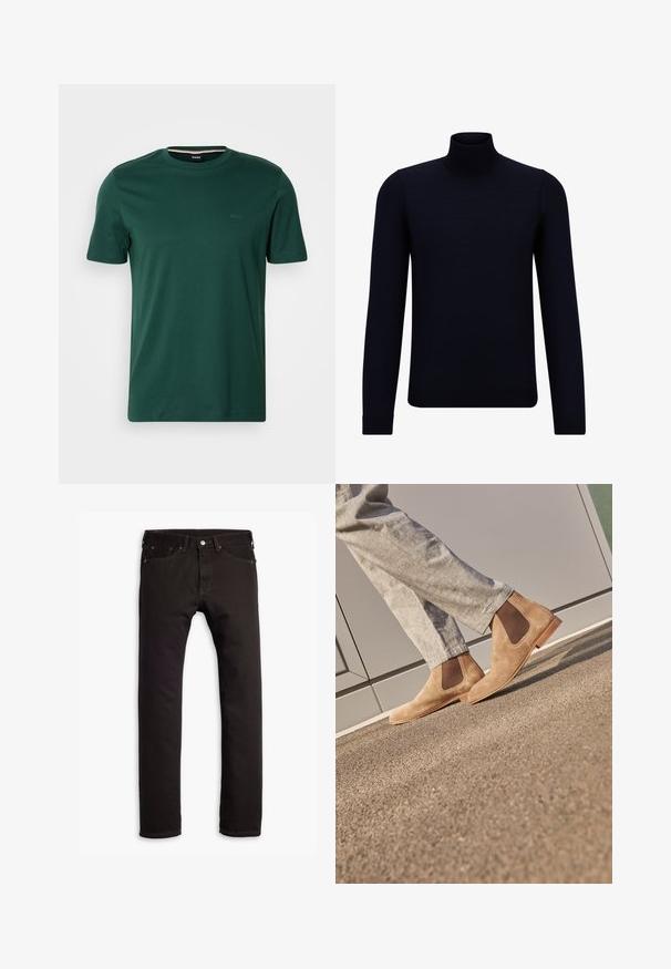 Tumši jūraspina džemperis, izgatavots no smalkas adītas auduma, ar garām piedurknēm un pieguļošu, augstu apkakli. Nav redzamu rakstu vai akcentu.; BOSS THOMPSON - Pamata T-krekls - open green; Melni šaurie džinsi ar piecām kabatām un pogu aizdari, izlikti uz balta fona.; Brūni zamšādi Čelsija zābaki ar elastīgiem sānu paneļiem un gludu gaiši brūnu gumijas zoli, saskaņoti ar gaiši pelēkiem biksēm uz teksturētas virsmas.