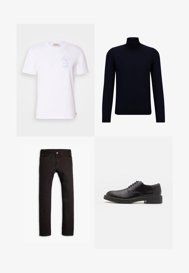 Sötét navy kék garbó pulóver, finom kötött anyagból, hosszú ujjal és testhezálló, magas nyakkal. Nincsenek látható minták vagy díszítések.; Fehér pamut póló rövid ujjakkal és kerek nyakkivágással. A bal mellen egy világoskék grafikai nyomat található, amely egy tengerparti jelenetet ábrázol.; Fekete, slim fit farmernadrág öt zsebbel és gombos záródással, síkban elhelyezve egy fehér háttéren.; Fekete bőrcipő, kerek orrú, sima felületű, minimális varrással és alacsony gumitalppal. Logó a sarokrészen.