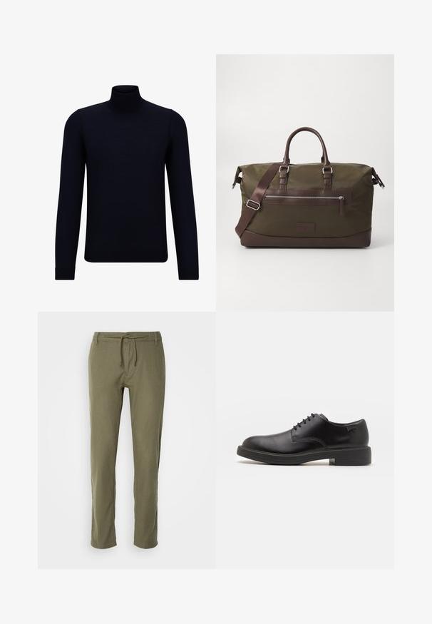 Dark navy turtleneck sweater made of fine knit fabric, featuring long sleeves and a fitted, high neckline. No visible patterns or accents.; Olive green, lightweight pants with a straight cut, adjustable drawstring waistband, and subtle textured fabric. No pockets visible.; Black leather lace-up shoe with a rounded toe, smooth texture, minimal stitching, and a low rubber heel. Logo on the heel.; Canvas duffel bag in olive green with brown leather accents, featuring dual handles, a detachable shoulder strap, and a front zipper pocket.