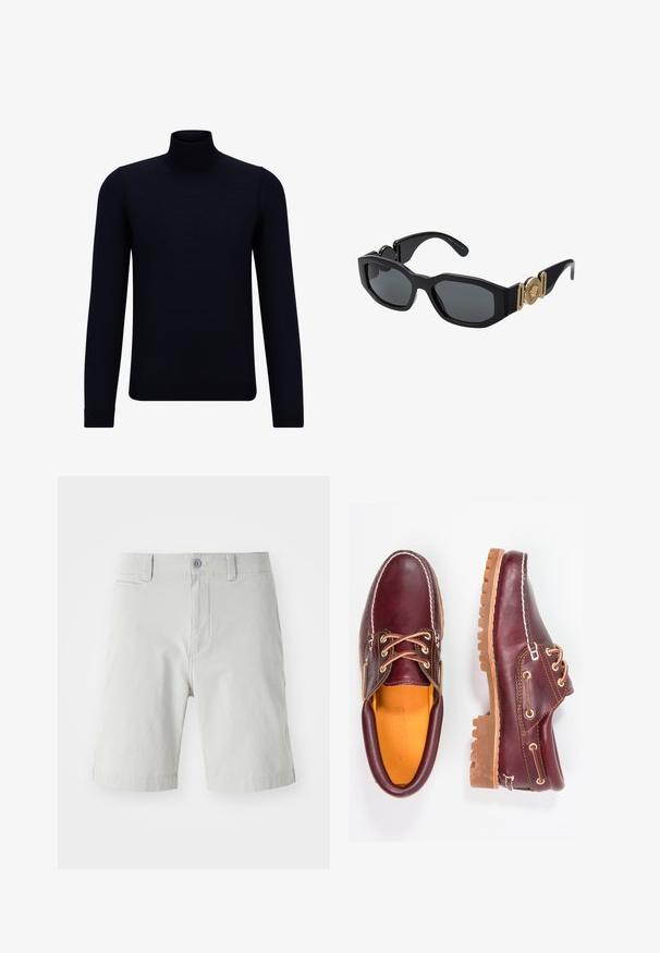 Sötét navy kék garbó pulóver, finom kötött anyagból, hosszú ujjal és testhezálló, magas nyakkal. Nincsenek látható minták vagy díszítések.; Világosszürke, puha anyagú sort, patentos záródással, oldalsó zsebekkel és letisztult, szabott dizájnnal. Hossza a comb közepéig ér.; Bordó bőr cipő barna gumitalppal, kerek orral, fehér varrással és arany fűzőlyukakkal. A belső tér sárga béléssel rendelkezik.; Fekete napszemüveg tömör, geometriai kerettel, sötét lencsékkel és arany fém kiegészítőkkel a halántékon, kerek embléma részlettel.