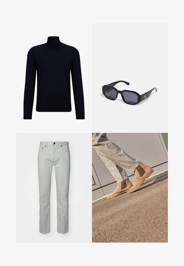 Pullover de gola alta em azul-marinho escuro, feito de um tecido de malha fina, com mangas longas e um decote alto justo. Sem padrões ou detalhes visíveis.; Calças de algodão cinza claro com corte reto, apresentando bolsos frontais, fecho de zíper e botão de metal. Textura suave, design minimalista.; Botas Chelsea de camurça castanha com painéis laterais elásticos e uma sola de borracha lisa em tom bege, combinadas com calças cinza claro sobre uma superfície texturizada.; Óculos de sol pretos com uma armação octagonal, lentes escuras, material em plástico brilhante e um detalhe de logotipo prateado de um lado.