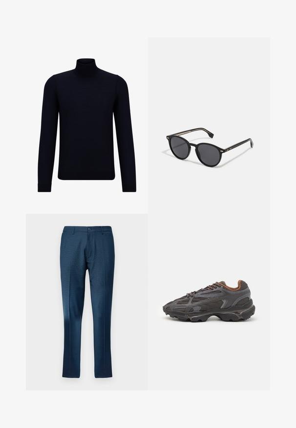 Pull en col roulé bleu marine foncé en tissu finement tricoté, à manches longues et à encolure haute ajustée. Sans motifs ni accents visibles.; Pantalons bleu marine avec un motif à carreaux discret, en tissu lisse, dotés d'une fermeture à bouton et de jambes droites.; Baskets Lacoste en gris foncé, en matériau mesh et synthétique, avec une semelle texturée et des accents marron sur le col et le branding.; BOSS Lunettes de soleil - black