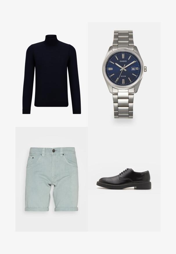 Tamno mornarskoplavi dukserica s visokom ovratnikom od finog pletenog materijala, dugih rukava i tijesnog kroja. Nema vidljivih uzoraka ili akcenta.; Svijetloplave traper kratke hlače s preklopom, s prednjim džepovima i jednim crnim dugmetom za zatvaranje u struku. Glatka tekstura.; Crne kožne cipele s vezanjem i zaobljenim vrhom, glatke teksture, minimalnim šavovima i niskim gumiranim potplatom. Logo se nalazi na peti.; Srebrni sat od nehrđajućeg čelika s tamnoplavim brojčanikom, metalnim oznakama sati i prozorom za datum na 3 sata. Vodootporan do 50 metara.