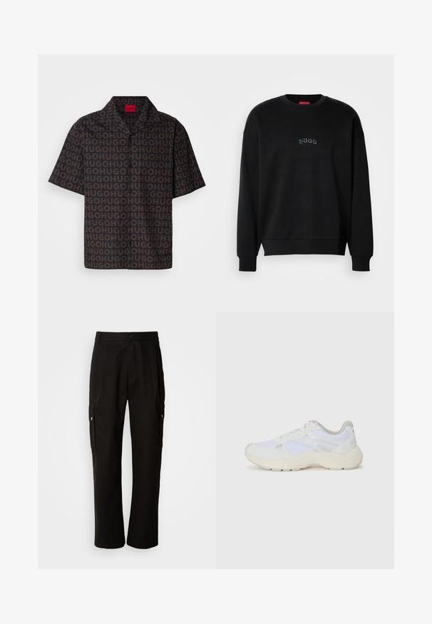 Must ritssärg, millel on pikad varrukad ja ümar kaelus, musta värvi, millel on rinnaesine keskel kerge sinise tooniga "hugo" tekst. Varsasukas ja alläär on ribakujulised.; Lühikeste varrukatega särk tumedast kangast, millel on korduv "HUGO" muster, krae, mustad nupud ning punane brändi silt kaela sees.; Mustad mustadeks rõivasteks mõeldud puuvillased püksid, millel on lõdva istuvuse disain, küljetaskud, nööbiga sulgemine ja sirged sääred. Lihtne disain ilma mustriteta.; Valged sportlikud jalanõud, mis on valmistatud võrkkangast ja seemisnahast, sisaldavad tekstureeritud vahetald, tekstureeritud aktsentide ning küljes oleva "HUGO" logo.