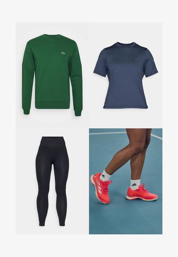 Žalias medvilnės džemperis su ilgomis rankovėmis, apvaliu kaklu ir raštuotais rankogaliais. Ant krūtinės yra mažas išsiuvinėjimas.; Mėlynas sportinis švarkelis trumpomis rankovėmis, pagamintas iš lygios, lengvos medžiagos. Turi suapvalintą iškirptę ir subtilų "BORG" logotipą priekyje.; Juodos suplotos legging'ais su aukštu juosmeniu, pagaminti iš elastingos medžiagos. Pasižymi lygiu paviršiumi su vertikaliomis raštais.; Ryškiai rožiniai sportiniai bateliai su baltais akcentais ir raišteliais, turintys lygius paviršius ir guminį padą, dėvimi su baltais Adidas kojiniais.