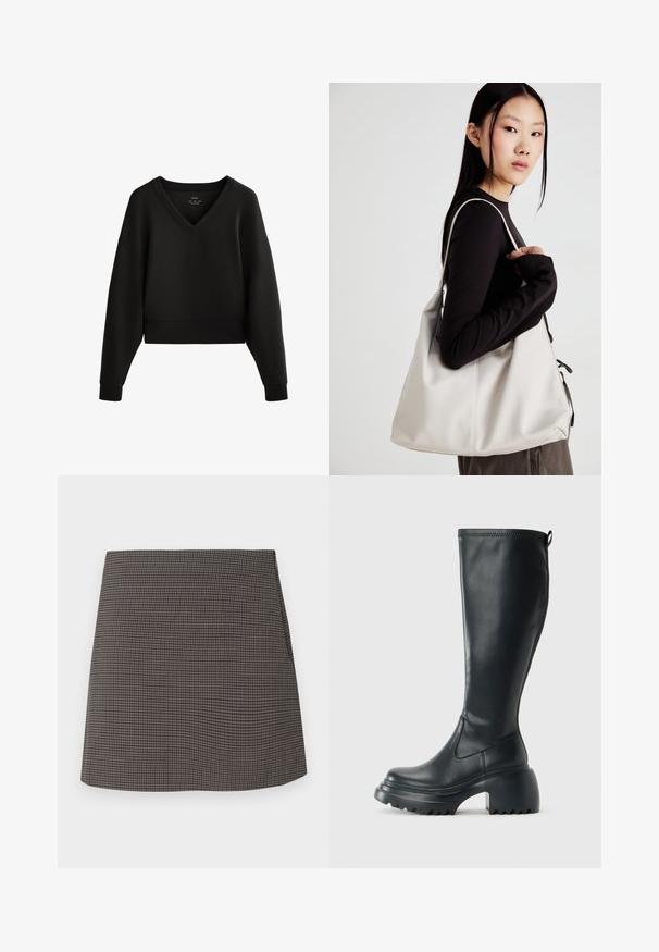 Zwart cropped sweatshirt met een V-hals, lange mouwen en geribbelde manchetten. Gemaakt van zachte, gladde stof met een minimalistisch ontwerp.; Rechstreeks mini-rok met een klein zwart-grijs houndstoothpatroon, zonder zichtbare versieringen of zakken.; Hoge zwarte leren laars met een chunky plateauzool en blokhak, voorzien van een trekband en een gestructureerd profiel op de buitenzool.; Beige handtas gemaakt van zacht materiaal, met een slonzig ontwerp, gestikte details en twee schouderbanden. Geschikt voor dagelijks gebruik.