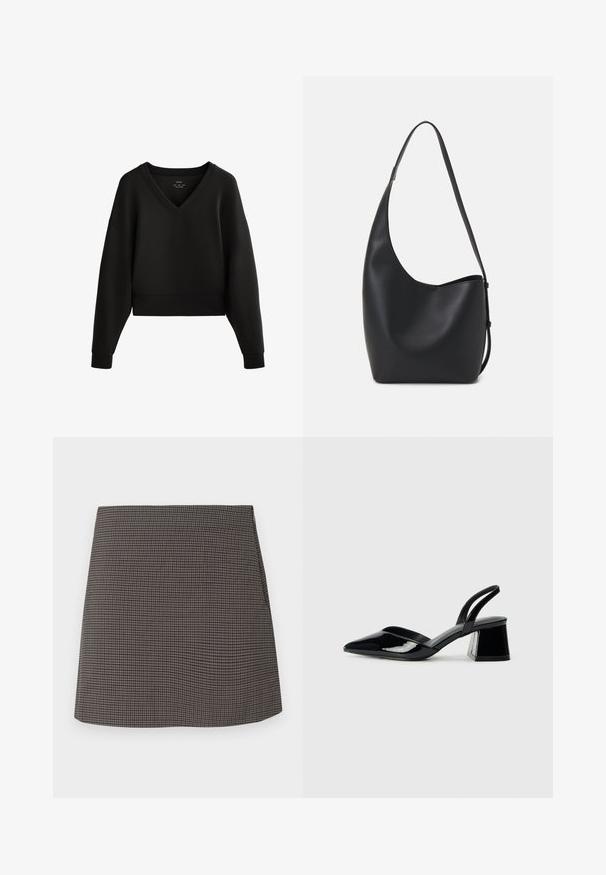Svart kort sweatshirt med V-ringning, långa ärmar och ribbade muddar. Tillverkad av mjukt, slätt tyg med en minimalistisk design.; Rakt skuren minikjol med liten svart och grå houndstooth-mönster, utan synliga dekorationer eller fickor.; Svarta lackläder slingback klackar med spetsig tå och geometrisk klack. Har en elegant, minimalistisk design och slät yta.; Svart läder hobo-väska med en slät textur, kurvig form och en justerbar axelrem; har en bred öppning upptill.