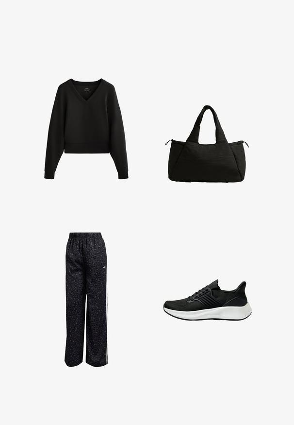 Zwart cropped sweatshirt met een V-hals, lange mouwen en geribbelde manchetten. Gemaakt van zachte, gladde stof met een minimalistisch ontwerp.; Zwarte sportbroek met een luipaardprint, elastische tailleband en witte zijkanten. Gemaakt van gladde, lichte stof.; Zwarte sportieve schoen met een bovenwerk van textuurstof, vetersysteem en een witte tussenzool. Heeft een laag profiel en een gebogen zoolontwerp.; Zwarte draagtas met een puffy textuur, voorzien van twee korte handvatten en een zijvak dat met een trekkoord is afgesloten. Eenvoudig, hoekig ontwerp.