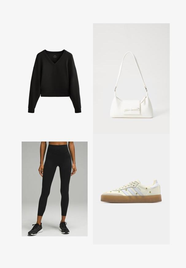 Sweatshirt noire court avec un col en V, des manches longues et des poignets côtelés. Réalisé en tissu doux et lisse avec un design minimaliste.; Leggings noirs taille haute avec une texture lisse et un design ajusté, associés à des chaussures de sport noires dotées d'une semelle blanche.; Baskets crème avec des rayures bleu clair, semelle en caoutchouc, et accents décoratifs en forme de fleurs jaunes sur le matériel supérieur. Design à bout arrondi.; Sac à main synthétique blanc en forme triangulaire, avec un rabat avant plat et un détail en nœud, une bandoulière ajustable, une texture lisse et un design minimaliste.