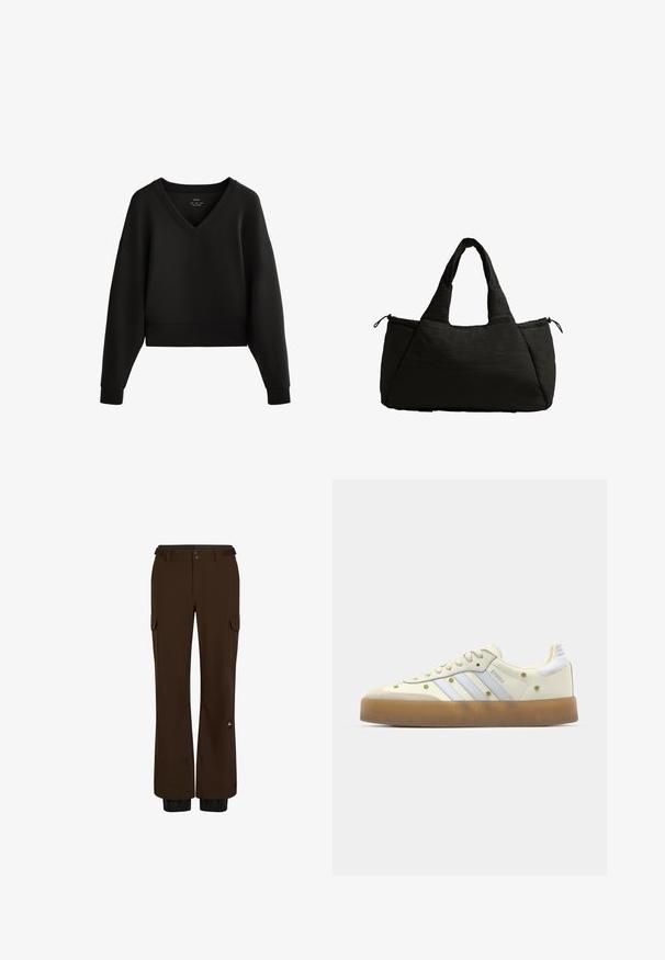 Schwarzes, kurzes Sweatshirt mit V-Ausschnitt, langen Ärmeln und gerippten Bündchen. Hergestellt aus weichem, glattem Stoff mit einem minimalistischen Design.; Braune Cargo-Hosen aus strapazierfähigem Stoff, ausgestattet mit mehreren Taschen, einem Knopfverschluss und elastischen Bündchen an den Knöcheln.; Cremefarbene Sneakers mit hellblauen Streifen, Gummisohle und dekorativen gelben Blumenakzenten auf dem Obermaterial. Runde Zehenform.; Schwarze Einkaufstasche mit einer fluffigen Textur, ausgestattet mit zwei kurzen Griffen und einer Seitentasche, die mit einem Kordelzug gesichert ist. Einfaches, kantiges Design.