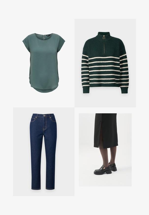 Knitted green sweater with a high collar, featuring horizontal white stripes, a quarter zip with a gold ring pull, and ribbed cuffs.; Green short-sleeve top made of textured fabric. Features a round neckline and a discreet zip closure at the back, with a slightly curved hem.; Dark blue denim jeans with a straight fit, featuring a zipper fly, button closure, and accent stitching on pockets and seams.; Black leather shoes with a rounded toe, thick block heel, and elastic side accents, paired with dark tights and a black skirt with a slit.