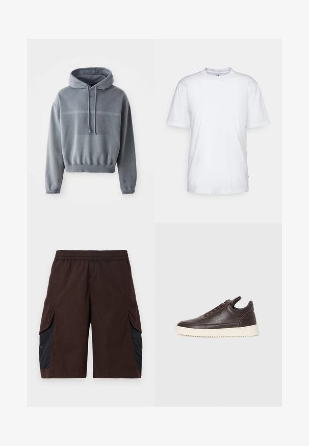 Felpa grigia in tessuto felpato; dotata di cappuccio con coulisse, polsini a costine e tasca frontale a marsupio con un design sfumato.; T-shirt bianco in cotone con collo rotondo, maniche corte e orlo dritto. Presenta un piccolo etichetta del marchio sul lato sinistro.; Pantaloni corti marroni con una vita elasticizzata, caratterizzati da pannelli laterali neri e tasche a scomparsa. Il materiale sembra leggero con una texture liscia.; Sneaker in pelle texturizzata marrone scuro con lacci davanti e suola in gomma bianca rigata su uno sfondo chiaro semplice.