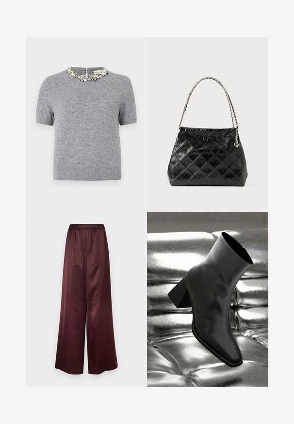 Grijze trui met korte mouwen van een gestructureerde stof. Heeft een decoratieve geborduurde halslijn en een ritssluiting aan de achterkant.; Taille-brede broek in een diepe bordeaux satijnen afwerking, met een elastische tailleband en een gladde textuur zonder zichtbare patronen of accenten.; Zwarte enkellaarsjes van glanzend materiaal met een vierkante neus en taps toelopende hak, afgezet tegen een glanzende zilveren gecapitonneerde achtergrond.; Zwarte gewatteerde leren handtas met een zilveren kettinghengsel, met een gestructureerd ontwerp en een gladde textuur.