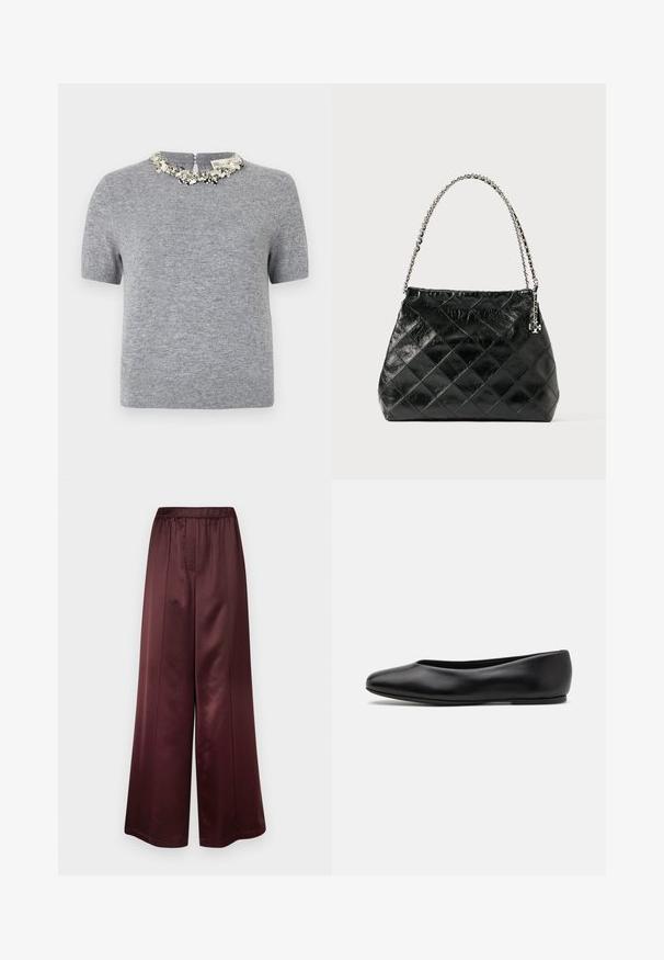 Gray short-sleeve sweater with a textured fabric. Features a decorative beaded neckline and a back zipper closure.; Wide-leg trousers in a deep burgundy satin finish, featuring an elastic waistband and smooth texture with no visible patterns or accents.; Paul Smith TOPANGA - Ballet pumps - black; Black quilted leather handbag with a silver chain handle, featuring a structured design and smooth texture.