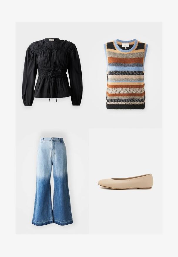 Knit sleeveless sweater with multicolored horizontal stripes in shades of brown, blue, and cream; featuring a contrast of textured and smooth sections.; Musta, pitkähihaine paita, jossa on rypytetty kangas, smockattu vyötärö ja nauhakiinnitys, pyöreä kaula-aukko ja sileä pinta.; Vaaleansiniset farkut, joissa on leveät lahkeet ja haalistuva gradienti vaaleasta tummaksi, ommeltu helma ja viisi taskua.; Beige nahkara ballet flat dengan ujung bulat, detail jahitan minimal, hak rendah, dan logo halus di bagian belakang. Tekstur halus dan matte.