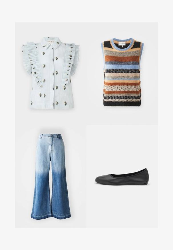 Gebreide mouwloze trui met meerkleurige horizontale strepen in bruin, blauw en roomkleur; contrasterende textuur en gladde delen.; Lichtblauwe blouse met verticale strepen, bloemenborduurwerk en geplooide ruffles aan de mouwen. Knopsluiting aan de voorkant met een standaard kraag.; Lichtblauwe denim broek met wijde pijpen, kenmerkend door een vervaagde gradient van licht naar donker, gestikte zoom en vijf zakken.; Zwarte leren ballerina met een ronde neus, gladde textuur, minimale stikdetails en een flexibele zoolontwerp.