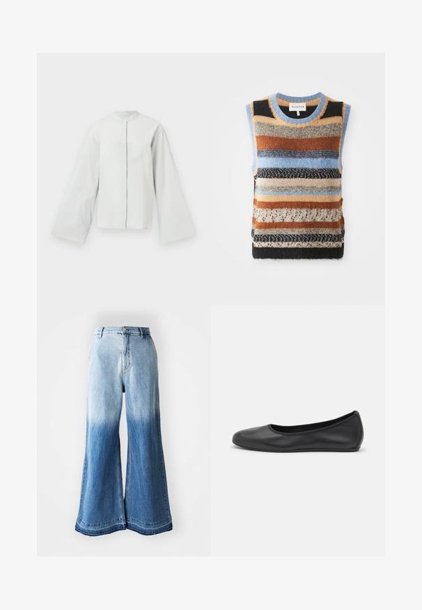 Strickweste ohne Ärmel mit mehrfarbigen horizontalen Streifen in Braun, Blau und Creme; kontrastierende strukturierte und glatte Abschnitte.; Hellgraue, strukturierte Jacke mit Stehkragen, langen Glockenärmel und einer Vorderknopfverschluss. Fein detaillierte Stickerei an den Bündchen.; Hellblaue Denim-Breitbein-Jeans mit einem verblassten Farbverlauf von hell nach dunkel, gesticktem Saum und Five-Pocket-Design.; Schwarze Leder-Ballettschuhe mit abgerundeter Spitze, glatter Textur, minimalen Nähdetails und einem flexiblen Sohlen-Design.