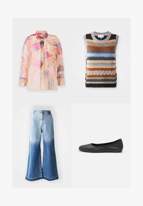 Pletená bezrukávová svetr s vícetroj barevnými horizontálními pruhy v hnědé, modré a krémové barvě; kontrastující texturované a hladké části.; Průhledná blůza s dlouhým rukávem v pastelových barvách s květinovým akvarelovým vzorem, vybavená límečkem, předními knoflíky a náprsní kapsou.; Světle modré džíny s širokými nohavicemi, které mají vybledlý gradient od světlé po tmavou barvu, prošité lemy a pět kapes.; Černé kožené baletní byty s kulatou špičkou, hladkou texturou, minimálními švy a flexibilním designem podrážky.