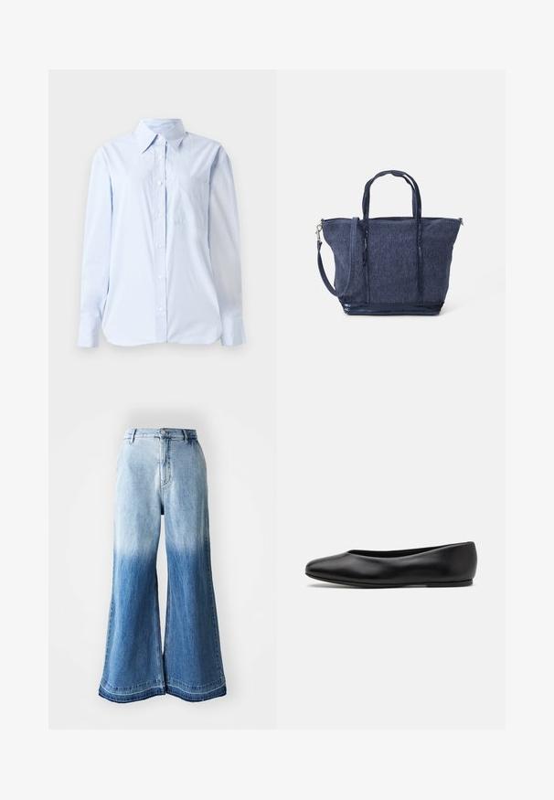 Pleteni brezrokavnik s pisanimi horizontalnimi črtami v rjavih, modrih in smetanastih tonih; kontrastne teksturirane in gladke sekcije.; Svetlo modra srajca z gumbi, izdelana iz bombaža, z ošiljenim ovratnikom, dolgimi rokavi, žepom na prsih in ravnim robom.; Svetlo modra, dolgonoga skrajšana srajca z ovratnikom, gumbom in enim žepom na prsih ter diskretnim logotipom na spodnji strani. Gladka tekstura.; Svijetloplave traper široke hlače s izblijedjelim gradijentom od svijetle do tamne boje, šivenim rubom i dizajnom s pet džepova.; Paul Smith TOPANGA - Balerinke - black; Mornarska denim torba z dvojimi ročaji, odstranljivo zanko, zadrgo in teksturiranim zaključkom; ima strukturirano, prostorno zasnovo.