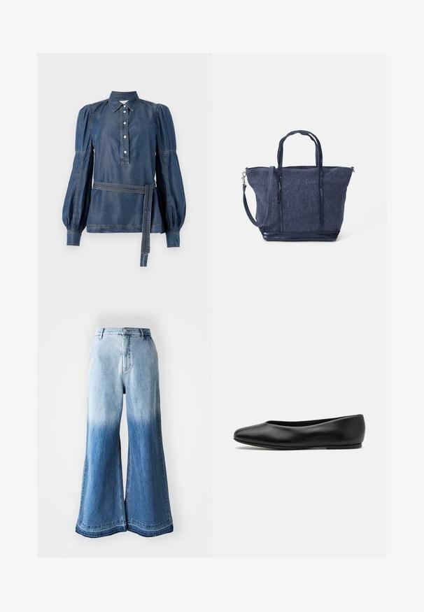 Maglione senza maniche lavorato a maglia con strisce orizzontali multicolori nei toni marroni, blu e crema; sezioni a contrasto con texture e superfici lisce.; Camicia di denim con colletto, patta con bottoni e maniche a sbuffo. Caratterizzata da una vita con cintura e cuciture a contrasto. Colore blu scuro.; Camicia cropped azzurro chiaro a maniche lunghe con colletto a camicia, taschino singolo sul petto e logo discreto sul lato inferiore. Texture liscia.; Jeans a gamba larga in denim blu chiaro con una sfumatura sbiadita da chiara a scura, orlo cucito e design a cinque tasche.; Paul Smith TOPANGA - Ballerine - black; Borsa a tote in denim blu navy con doppi manici, tracolla removibile, chiusura con zip e finitura testurizzata; presenta un design strutturato e spazioso.