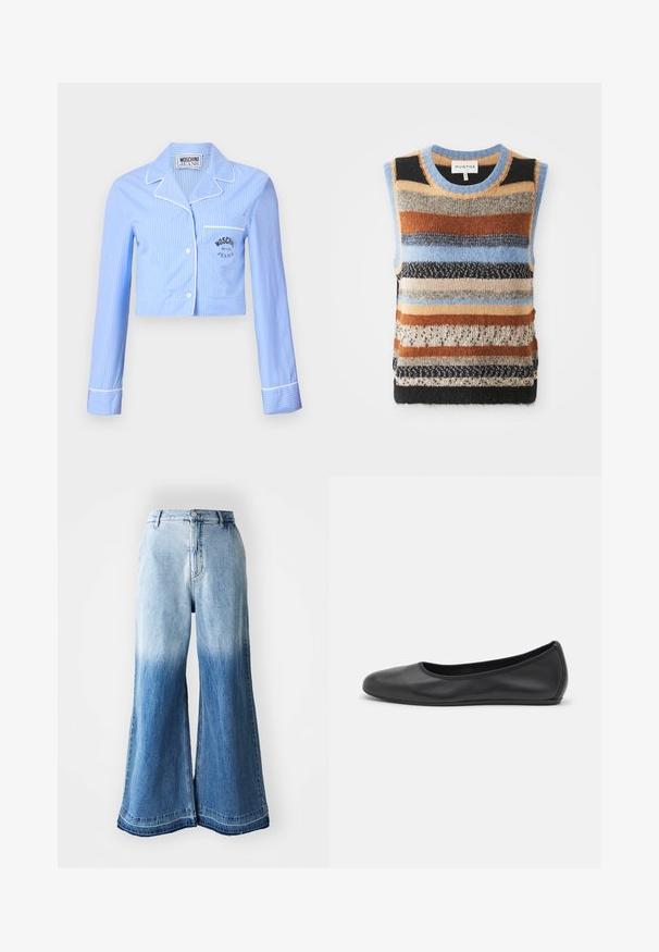 Adīta bez piedurknēm džemperis ar daudzkrāsainām horizontālām svītrām brūnā, zilā un krēmkrāsā; kontrastējošas teksturētas un gludas daļas.; Saīsināta zila svītrota pidžamu krekls ar gariem piedurknēm, baltu apdari un krūšu kabatu, kurā atrodas melns Moschino Jeans logs.; Gaiši zilas denima brīvas kājas džinsi ar izbalējušu gradientu no gaiša līdz tumšam, šūts apmale un piecu kabatu dizains.; Melna ādas baleta kurpe ar noapaļotu purngalu, gludu tekstūru, minimālu šuvju detalizāciju un elastīgu zoles dizainu.