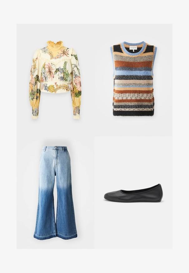 Strik udenærmet sweater med flerfarvede horisontale striber i brune, blå og cremede nuancer; kontrasterende teksturerede og glatte sektioner.; Alemais OLEANDER - Bluse - multi coloured; Lysblå denim bukser med vide ben, der har en falmet gradient fra lys til mørk, syet kant og fem-lomme design.; Sort læderballetsko med rund tå, glat tekstur, minimal syning og et fleksibelt såldesign.
