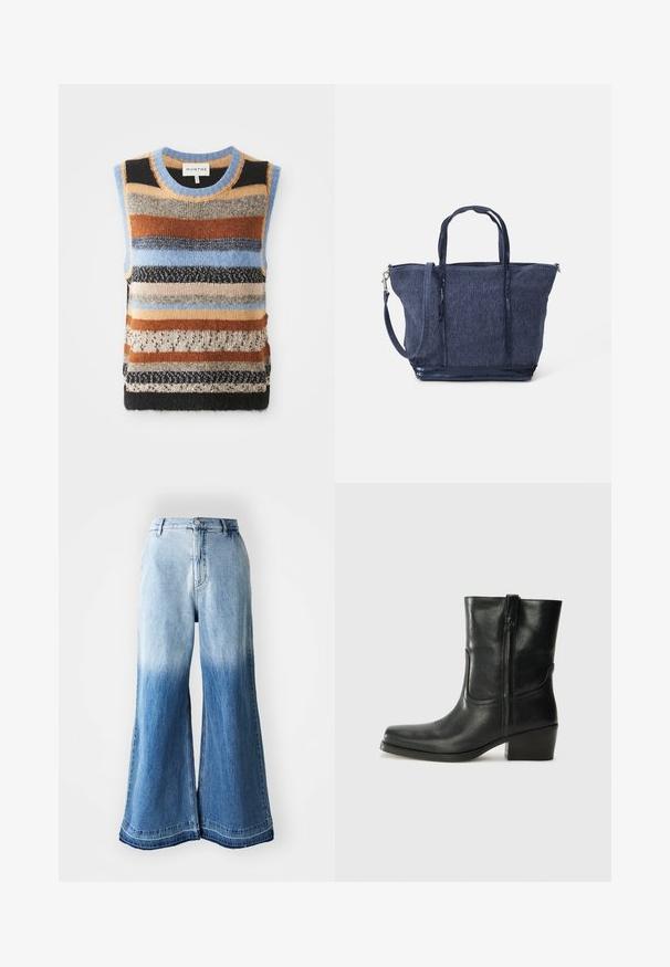 Pleteni brezrokavnik s pisanimi horizontalnimi črtami v rjavih, modrih in smetanastih tonih; kontrastne teksturirane in gladke sekcije.; Svetlo modra, dolgonoga skrajšana srajca z ovratnikom, gumbom in enim žepom na prsih ter diskretnim logotipom na spodnji strani. Gladka tekstura.; Svijetloplave traper široke hlače s izblijedjelim gradijentom od svijetle do tamne boje, šivenim rubom i dizajnom s pet džepova.; Črne usnjene gležnjarje z zaobljenim nosom, blok peto, stransko zadrgo in šivanjem na vampu. Gladka tekstura, klasična zasnova.; Mornarska denim torba z dvojimi ročaji, odstranljivo zanko, zadrgo in teksturiranim zaključkom; ima strukturirano, prostorno zasnovo.