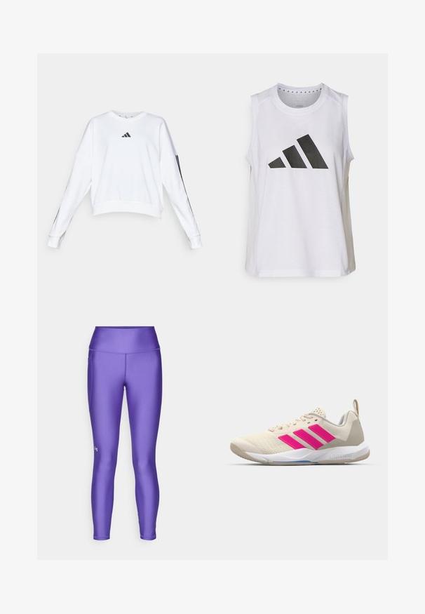 Λευκό κοντό φούτερ με μακριά μανίκια, με μαύρο λογότυπο Adidas στο στήθος και μαύρες λωρίδες στα μανίκια. Λείο υλικό.; Λευκή αθλητική μπλούζα χωρίς μανίκια με στρογγυλή λαιμόκοψη, η οποία διαθέτει ένα μεγάλο μαύρο λογότυπο της Adidas που αποτελείται από τρεις ρίγες μπροστά.; Μωβ αθλητικά κολάν φτιαγμένα από απαλό, ελαστικό υλικό. Διαθέτουν ψηλή ζώνη και ένα μικρό λογότυπο στο κάτω δεξί μέρος του ποδιού.; Μπεζ αθλητικά παπούτσια με ροζ λογότυπο τριών λωρίδων, πλεχτό πάνω μέρος, επενδεδυμένο κολάρο και λευκή καουτσούκ σόλα, με την επωνυμία "LIGHTSTRIKE".