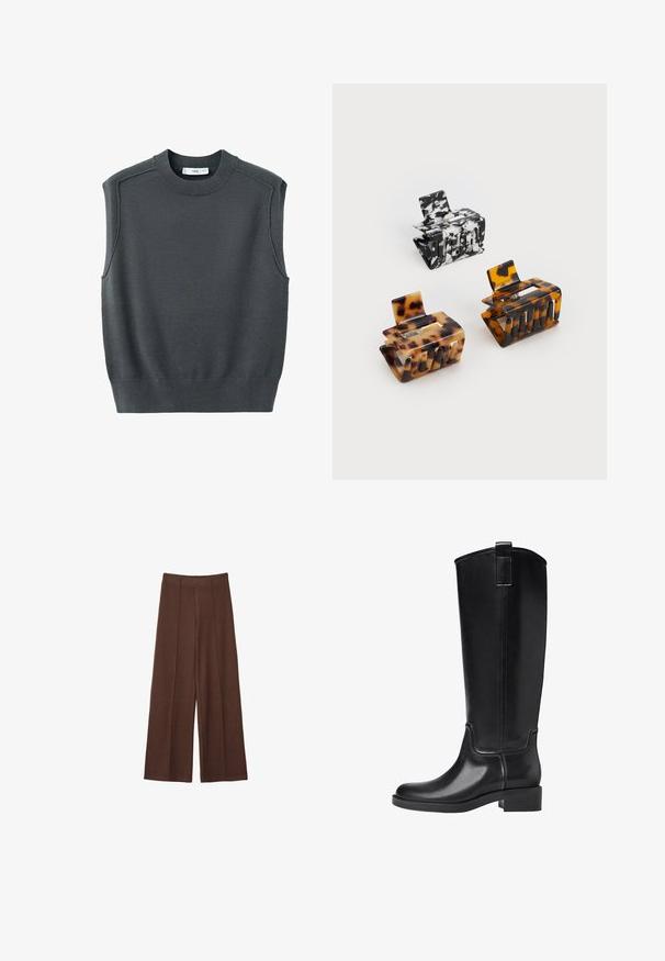 Ärmelloser dunkelgrauer Pullover mit rundem Ausschnitt, geripptem Saum und Schulternähten. Die Stofftextur wirkt glatt und leicht dehnbar.; Braune Hosen mit weitem Bein aus weichem Stoff, mit hoher Taille, vertikalen Nahtdetails und glatter Oberfläche.; Schwarze kniehohe Stiefel aus glattem synthetischen Material. Verfügt über eine abgerundete Zehenpartie, einen niedrigen Blockabsatz und vertikale Nähte.; Drei Haarklammern: eine schwarz-weiß marmorierte, zwei schildpattfarbene in Braun- und schwarzem Farbton, alle aus glänzendem Kunststoff mit einer strukturierten Oberfläche.