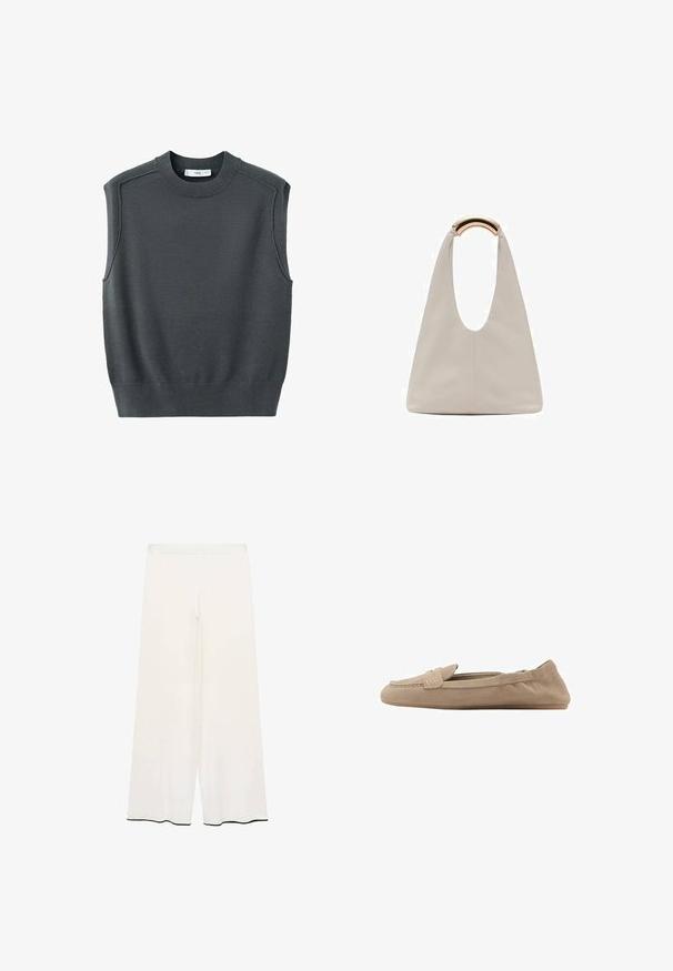Maglione senza maniche grigio scuro con scollatura rotonda, orlo a coste e cuciture sulle spalle. La trama del tessuto appare liscia e leggermente elastica.; Pantaloni a gamba larga in tessuto crema con una texture liscia. Presentano una vita pulita e un bordo nero lungo l'orlo per creare contrasto.; Mocassini in suede beige con suola piatta, caratterizzati da una texture liscia, cuciture sottili e un design senza lacci che non mostra hardware visibile.; Borsa in pelle grigio chiaro con design a forma di U e manico metallico curvo. Texture liscia con cuciture minime e senza motivi visibili.