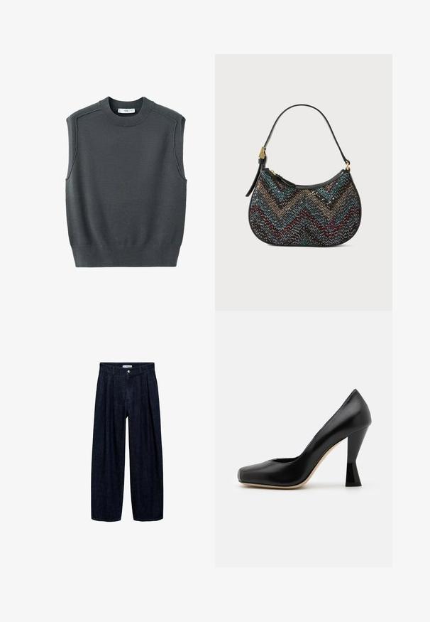 Bezrukávový tmavě šedý svetr s kulatým výstřihem, žebrovaným lemem a švy na ramenech. Textura látky se zdá být hladká a lehce elastická.; Tmavě modré rozšířené kalhoty z denimu s přehyby v pase, vybavené předním knoflíkem a poutky na opasek. Hladká textura a design v plné délce.; Černá kožená vysoká bota na podpatku se čtveratou špičkou a unikátně tvarovaným lesklým černým podpatkem. Hladká textura a jednoduchý design.; Černá kabelka s křivkovým tvarem, která má vícebarevný vzor v chevron stylu a kovové nitě. Má kožený popruh a zlaté kovové doplňky.