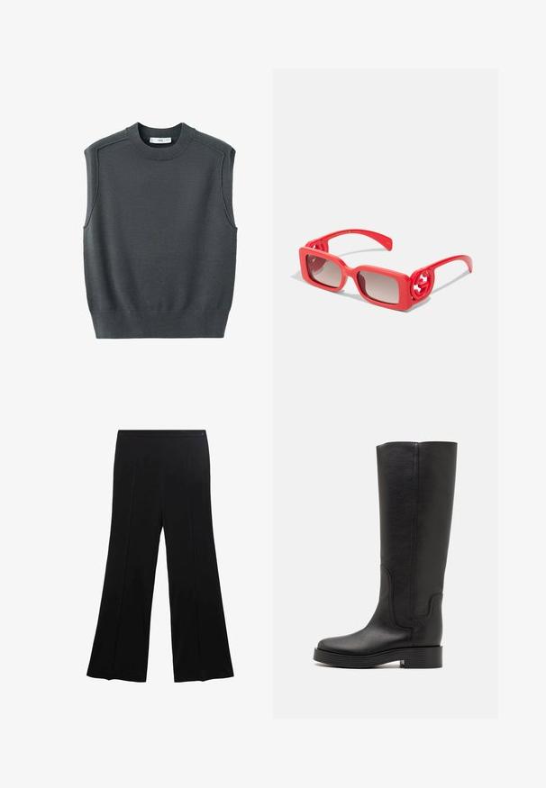 Ärmelloser dunkelgrauer Pullover mit rundem Ausschnitt, geripptem Saum und Schulternähten. Die Stofftextur wirkt glatt und leicht dehnbar.; Schwarzweite Bein Hosen aus glattem Stoff, mit flachem Vorderteil, zwei Falten und einem Bund ohne sichtbare Beschläge.; Casadei CHARLIE STATUS - Plateaustiefel - black; Rote Kunststoff-Sonnenbrille mit quadratischen Rahmen, verlaufenden Linsen und runden Logostreifen an den Schläfen. Glatte Textur mit glänzendem Finish.; Schwarze Lederhandtasche mit glatter Textur, strukturiertem Design, doppelten Griffen und einem silbernen Verschlussdetail in der Mitte.