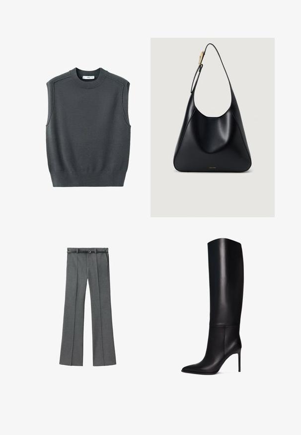 Bezrukavni tamno sivi pulover s okruglim izrezom, rebrastim rubom i šavovima na ramenima. Tekstura tkanine izgleda glatko i blago rastezljivo.; Sive prilagođene hlače ravnog kroja, od lagane tkanine, s petljama za remen i uskim remenom sa srebrnom kopčom.; Crne kožne štikle do koljena s šiljastim vrhom. Glatka tekstura, strukturalni dizajn i vitka visoka peta. Nema vidljivih metalnih dijelova ili uzoraka.; Crna kožna torba za rame s glatkom teksturom, zakrivljenim siluetom i zlatnim detaljima. Ima utisnutu oznaku branda na dnu.
