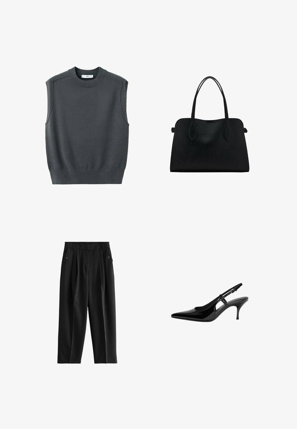 Bezrukávový tmavě šedý svetr s kulatým výstřihem, žebrovaným lemem a švy na ramenech. Textura látky se zdá být hladká a lehce elastická.; Černé kalhoty s širokým střihem, sklady vpředu a dvěma bočními kapsami s knoflíkovými detaily. Hladká, lehká tkanina.; Černé lakované kožené lodičky typu slingback s špičatou špičkou, otevřenými bočními výřezy, štíhlým podpatkem a nastavitelným páskem kolem kotníku.; Černá kožená kabelka s dvojitými ramenními popruhy, obdélníkový tvar a minimalistický design na bílém pozadí.