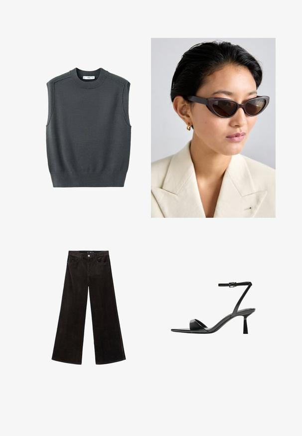 Sleeveless dark grey sweater with a round neckline, ribbed hem, and shoulder seams. Fabric texture appears smooth and slightly stretchy.; Black corduroy wide-leg pants with a high waist, front pockets, and a textured fabric, featuring a button closure and belt loops.; Bershka High heeled sandals - black; Brown cat-eye sunglasses with dark lenses, featuring thick frames and smooth texture, paired with a beige blazer and gold hoop earring.; Black leather shoulder bag with a curved shape, smooth texture, and a long adjustable strap. Features a subtle knot detail and minimalistic design.