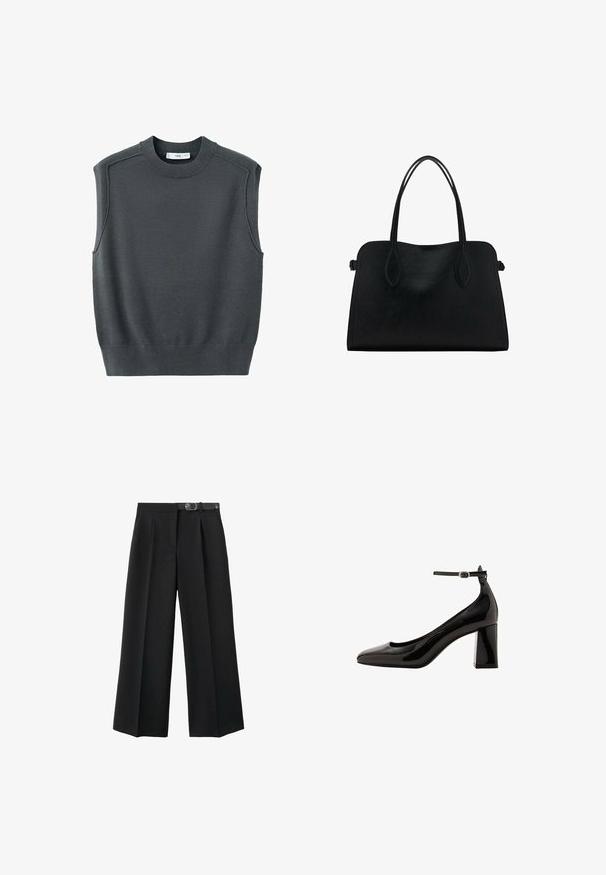 Beżowy sweter bez rękawów z okrągłym dekoltem, ściągaczem u dołu i szwami na ramionach. Tekstura materiału wydaje się gładka i lekko rozciągliwa.; Czarne szerokie spodnie z tkaniny, z paskiem w talii, fałdami i gładką fakturą.; Czarne, lakierowane szpilki z zapięciem na kostce o błyszczącym wykończeniu, z wydłużonym noskiem i grubym obcasem. Gładka struktura, minimalne detale.; Czarna skórzana torba na ramię z podwójnymi paskami, prostokątny kształt i minimalistyczny design na białym tle.
