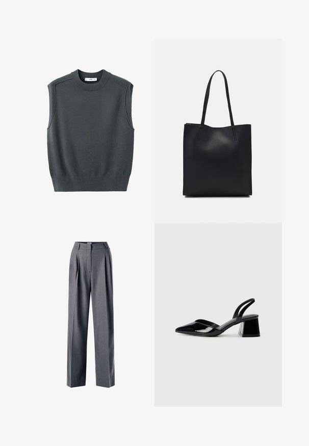 Ærmeløs mørkegrå sweater med rund halsudskæring, ribbede kanter og skuldersøm. Stofoverfladen virker glat og let strækbar.; Grå skræddersyede bukser med en plisseret front, bred bendesign og glat tekstur, der har en flad talje og sidelommer.; Sorte patentlæder slingback hæle med spids tå og en geometrisk blok hæl. Har et elegant, minimalistisk design og en glat tekstur.; Sort læder tote taske med glat tekstur, rektangulær form og to lange hanke. Ingen synlig hardware eller udsmykninger.