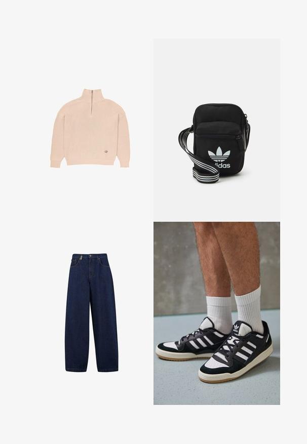 Bež pulover z rebrasto pletenico z dolgimi rokavi, četrt zadrgo in visokim ovratnikom, ter majhnim vezenim logotipom blizu roba.; Opuščene temno modre kavbojke z visokim pasom, sprednjimi žepi in ravnim krojem nog. Vključuje srebrne dodatke in minimalno šivanje.; Črno-bele superge z zgornjim delom iz usnja in nubuka, ki imajo tri bele črte, perforiran vrh prstov in podplat iz gume.; Črna tkaninska torbica čez ramo z zadrgo, ki vsebuje belo Adidasovo logo in pridelano naramnico z več črtami za enostavno nošenje.