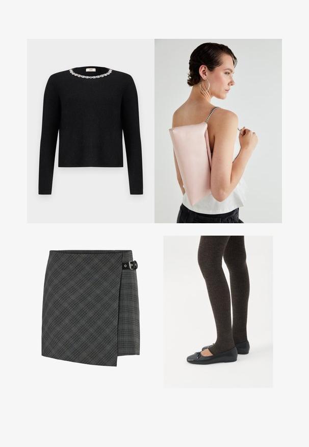 Pulover negru cu mâneci lungi și guler rotund, având o broderie decorativă cu cristale în jurul gulerului. Textură moale.; Fustă din lână gri închis cu carouri, cu detalii cu cataramă neagră pe partea dreaptă, tiv drept și un model subtil de linii diagonale.; Pantofi negri cu un detaliu mic de fundiță la vârf, asortați cu colanți maro închis, cu textură ondulată. Pantofii au o textură netedă și un profil joase.; Geantă din piele roz cu o formă rectangulară, curea din lanț argintiu și textură netedă, purtată pe spate. Design simplu, fără modele vizibile.