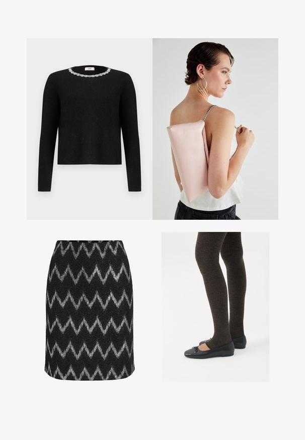 Fekete pulóver hosszú ujjal és kerek nyakkivágással, díszes kristálydísszel a gallér körül. Puha tapintású.; Fekete szoknya ezüst cikk-cakk mintával, texturált anyagból készült, testhez simuló fazonnal és egyenes szegéllyel.; Fekete lapos cipők kis masni díszítéssel az orrán, sötétbarna bordázott harisnyával párosítva. A cipők sima textúrával és alacsony profilúak.; Rózsaszín bőr táska téglalap alakú, ezüst lánc pánttal és sima textúrával, a háton viselve. Egyszerű dizájn, amelyen nincsenek látható minták.