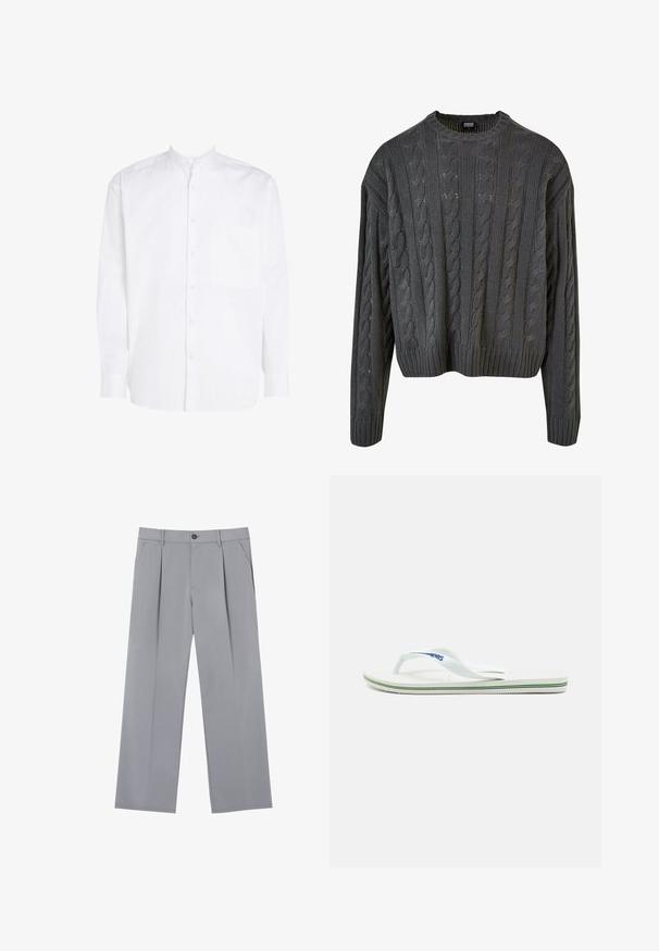 Svetr s kabelovým pletením v tmavě šedé barvě s kulatým výstřihem, spadlými rameny a žebrovaným lemem. Obsahuje texturované vzory po celém povrchu.; Bílá košile s dlouhým rukávem a stojáčkovým límcem, zapínání na knoflíky vpředu a jednou náprsní kapsou. Vyrobeno z hladké bavlněné tkaniny.; Šedé skládací kalhoty s volným střihem, vyrobené z lehkého materiálu. Obsahují přední kapsy a knoflíkovou uzávěrku v pase.; Bílé žabky s texturovanou podešví, úzkými pásky a vícebarevnou ozdobnou linkou na podrážce. Na pásku je umístěno logo.