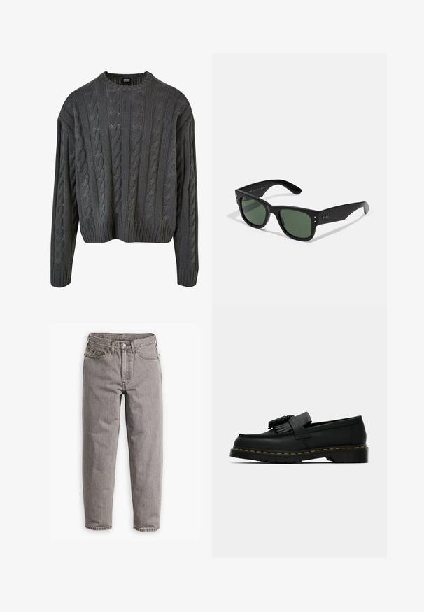 Tumehall kaeluseta kaelaga sõlmpull, millel on langenud õlad ja soonikkoes ääred. Omab tekstuurilisi mustreid üle kogu.; Hallideh pensées sinise jalad peris, sirgjo darekhet, kergem kahvat, viie taskuga ja metallnuppudega sulgemine.; Mustad musta nahast suss, millel on tuttide detailid, kollane lõng üle põhja ning paks ja sooneline kummist välispõhi.; Mustad musta raamiga prillid roheliste läätsedega, matte viimistlusega, peente riistvara aktsentidega ja reljeefse logoga templil.