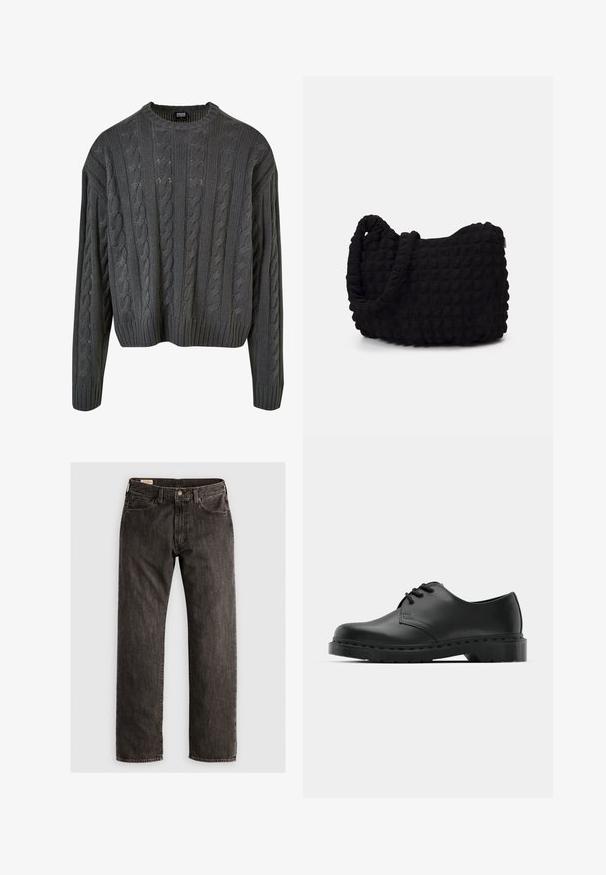 Tumšā pelēkā krāsā adīta džemperis ar apaļu kakla izgriezumu, pazeminātiem pleciem un ribinātu apakšmalu. Iezīmējas ar teksturētām rakstām visā apģērba virsmā.; Tiešajiem melnajiem džinsiem ar pogu un rāvējslēdzēju, priekšējām un aizmugurējām kabatām, kā arī jostu cilpām.; Melnas ādas oksfordas kurpes ar auklošanas dizainu, noapaļota purngala, plakana gumijas zole un smalka šuvumu detaļa augšējā daļā.; Melnas auduma soma ar strukturētu, quiltotu rakstu. Apaļa forma, īsas, resnas rokturi un mīksta, elastīga konstrukcija.