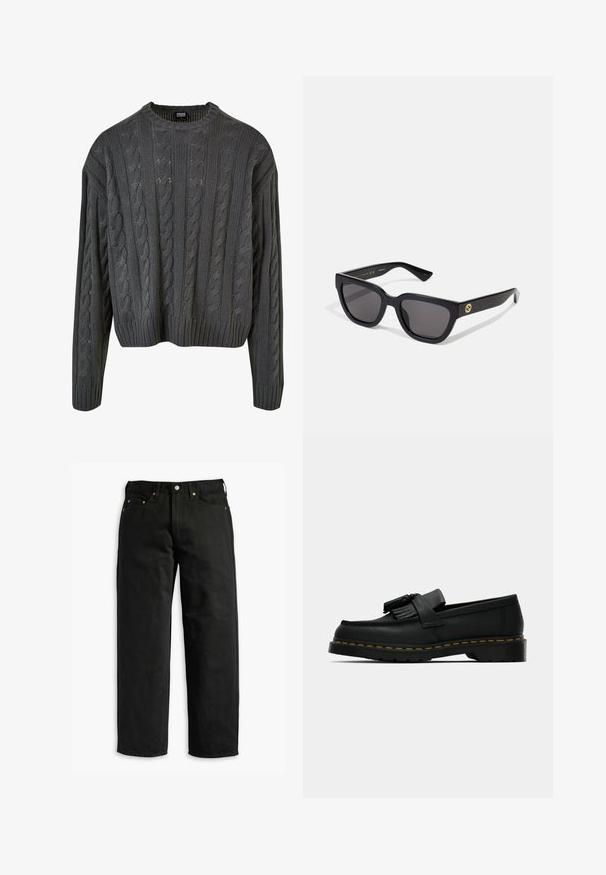 Tumšā pelēkā krāsā adīta džemperis ar apaļu kakla izgriezumu, pazeminātiem pleciem un ribinātu apakšmalu. Iezīmējas ar teksturētām rakstām visā apģērba virsmā.; Melnas džinsu bikses ar brīvu piegriezumu, kurām ir piecas kabatas un vara kniedes, plakana josta un taisnas kājas, gluda tekstūra.; Melnas ādas loafer kurpes ar pušķiem, dzeltena šuve apkārt zolei un bieza, rievota gumijas zole.; Melni taisnstūra saulesbrilles ar spīdīgu apdari, tumšiem stikliem un zelta aksesuāru uz tempļa, uz kura redzams logo.