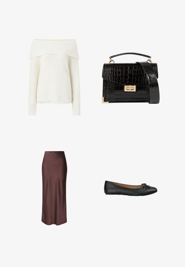 Off-shoulder witte gebreide trui met ribbelstructuur, lange mouwen en een ontspannen pasvorm. Heeft een brede, gevouwen halslijn en ribgebreide boorden.; Bruine satijnen midi-rok met een gladde textuur, een aansluitende taille en een rechte silhouet, met een subtiele glans en zonder zichtbare patronen.; Zwarte leren balletschoenen met een ronde neus en een klein strikje aan de voorkant. Soepele textuur en een vlakke zool.; Zwarte patenten leren handtas met een krokodillenstructuur, gouden hardware, een bovenhandvat en een afneembare schouderband. Rechthoekige vorm met een klepafsluiting.