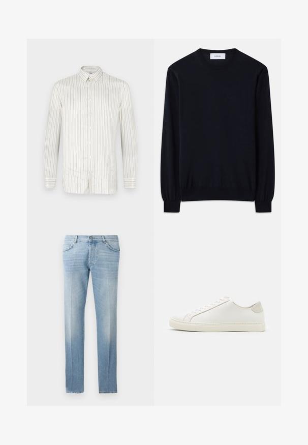 Mustas crew neck -neule, joka on tehty sileästä neulekankaasta. Pitkät hihat, joissa on tiukat hihansuut, ja rento malli kautta kehon.; Valkoinen nappikauluspaita, jossa on kapeita vaaleanbeigejä pystyraitoja. Ominaisuuksiin kuuluu terävä kaula, pitkät hihat ja nappikiinnitys hihansuissa. Sujuva pinta.; Vaaleansiniset farkut suoran lahkeiden leikkauksella, hillityllä haalistumisella, viidellä taskulla ja napilla vyötärön kiinnityksessä.; Valkoinen nahkakengät, joissa on sileä pinta, pyöreä kärki ja minimalistiinen muotoilu. Varressa beige-yksityiskohtia ja kumipohja.