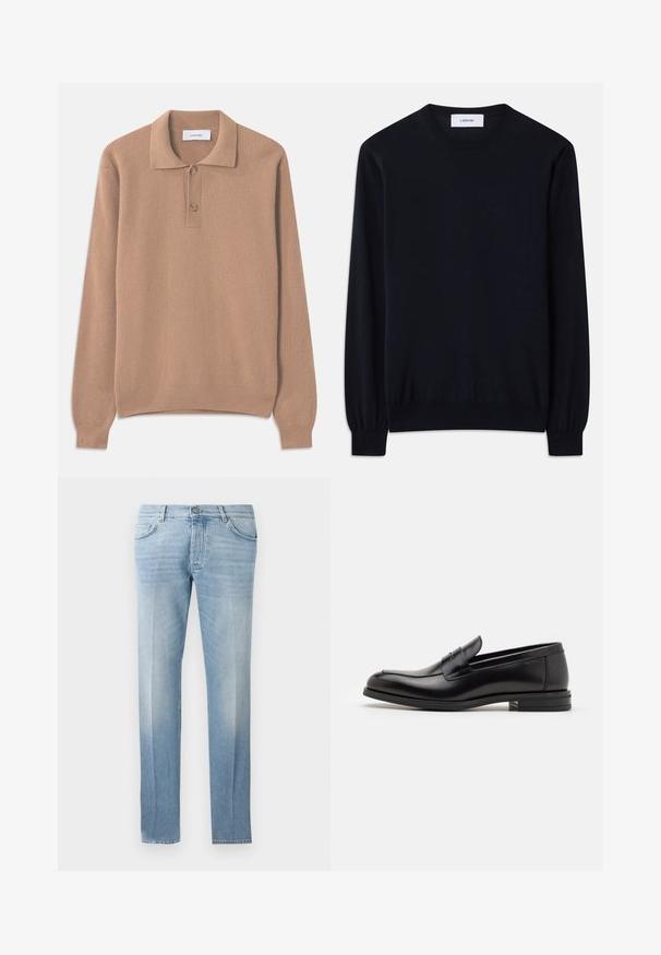 Mustas crew neck -neule, joka on tehty sileästä neulekankaasta. Pitkät hihat, joissa on tiukat hihansuut, ja rento malli kautta kehon.; Beige ribba knit sweateri, jossa on pitkät hihat, polo-kaulus ja kaksi nappia avaukseen. Pehmeä rakenne ja suora helma.; Vaaleansiniset farkut suoran lahkeiden leikkauksella, hillityllä haalistumisella, viidellä taskulla ja napilla vyötärön kiinnityksessä.; Mustat nahkakengät, joissa on sileä pinta, pyöreä kärki ja koristeellinen nauha jalkapöydän yli. Matala pinoitu koroke, minimalistinen muotoilu.