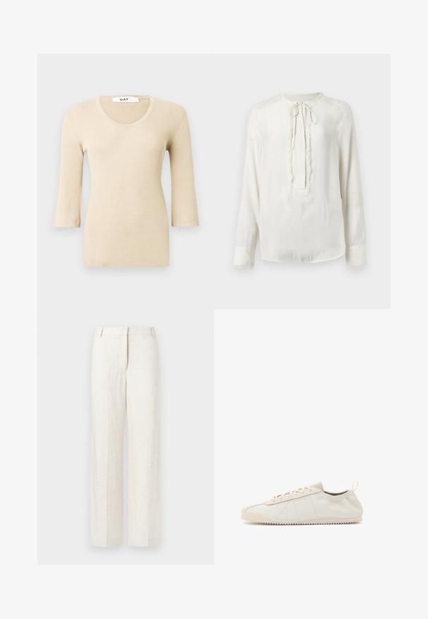 Top à manches longues en beige côtelé avec un décolleté arrondi. La texture est lisse et ajustée. Des poignets évasés ajoutent un détail de design subtil.; Blouse blanche à manches longues avec un col rond et une fermeture à nouer. Présente une bordure texturée sur le devant et les poignets. Finition en tissu lisse.; Pantalon large beige en mélange de lin, doté d'une texture lisse, de plis avant classiques et de poches latérales pour plus de fonctionnalité.; Baskets en cuir crème avec un bout rond, design à lacets, accents texturés et semelle en caoutchouc texturé avec un motif de traction en zigzag.