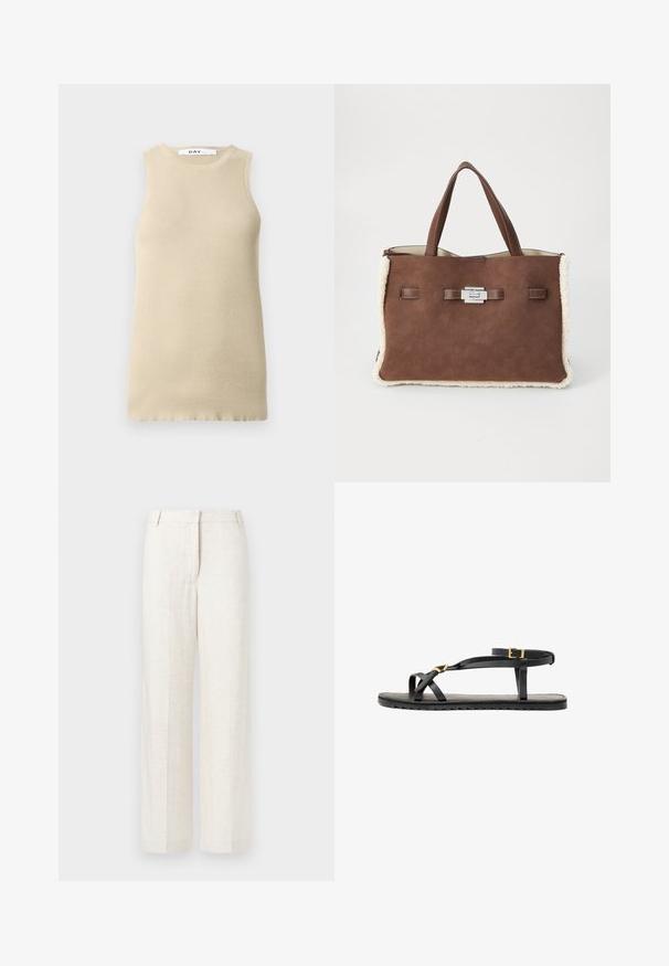 Beige ribbet langærmet bluse med en rund halsudskæring. Teksturen er glat og tætsiddende. Udsvingede manchetter tilføjer en subtil designdetalje.; Beige ribbet ærmeløs top med rund halsudskæring, der har en tætsiddende pasform og glat tekstur, ideel til lag-på-lag eller varmt vejr.; Hvid langærmet bluse med rund halsudskæring og snorelukning. Har en tekstureret kant langs fronten og manchetterne. Glat stoffinish.; Beige vide ben bukser i en blanding af linned, med en glat tekstur, klassiske frontfolder og sidelommer for ekstra funktionalitet.; Sorte lædersandaler med tynde stropper og en spændet ankelrem. Flad sål med en tekstureret overflade og zigzag kant. Minimalistisk design.; Brun ruskind tote taske med blød cremefarvet pelskant, dobbelt håndtag og en sølv rektangulær spænde lukning på en ensfarvet hvid baggrund.