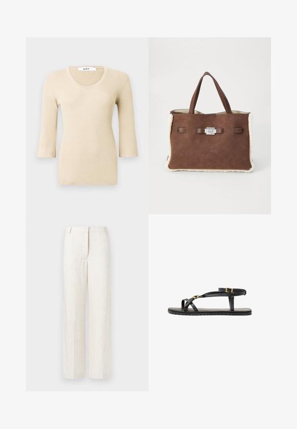 Top à manches longues en beige côtelé avec un décolleté arrondi. La texture est lisse et ajustée. Des poignets évasés ajoutent un détail de design subtil.; Pantalon large beige en mélange de lin, doté d'une texture lisse, de plis avant classiques et de poches latérales pour plus de fonctionnalité.; Sandales en cuir noir avec de fines lanières et une sangle autour de la cheville à boucle. Semelle plate avec une finition texturée et un bord en zigzag. Design minimaliste.; Sac fourre-tout en suède marron avec des bordures en fausse fourrure crème douce, doubles poignées et un fermoir rectangulaire en argent sur fond blanc uni.
